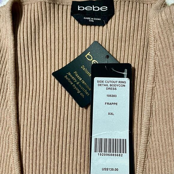 Bebe Ribbed Knit Ring Side Cutout Bodycon Dress long sleeve Plunging‎ vneck XXL - Picture 3 of 5